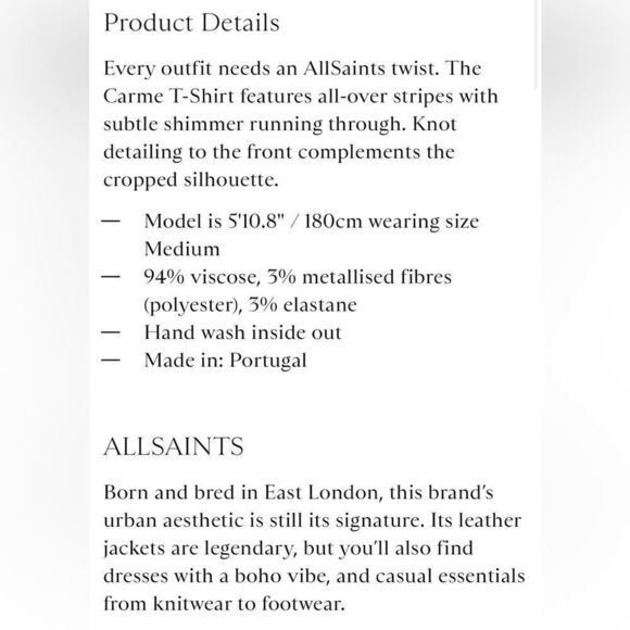 AllSaints Carme Shimmer Stripe Twist Tee Metallic Black Gold Size M - Picture 3 of 10